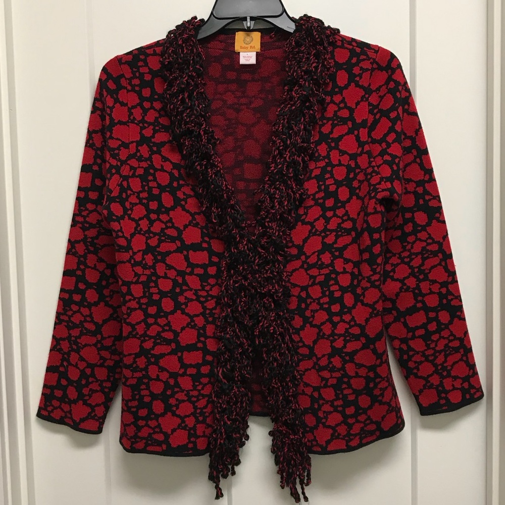 Ruby Rd. Red/Black Printed Sweater w/Fringe NWOT